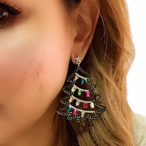 Rhinestone Christmas Tree Earrings - Picture 2 of 3